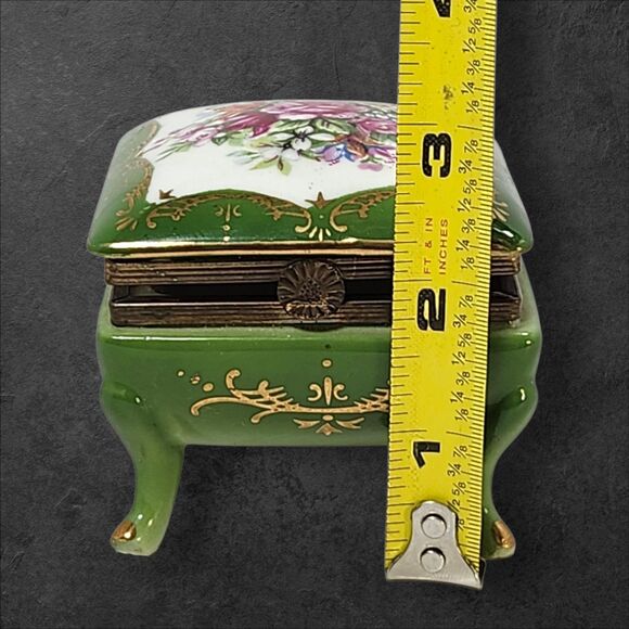 Vintage Norleans Japan Footed Porcelain Trinket Box Green Floral Gilt Vanity - Picture 11 of 11